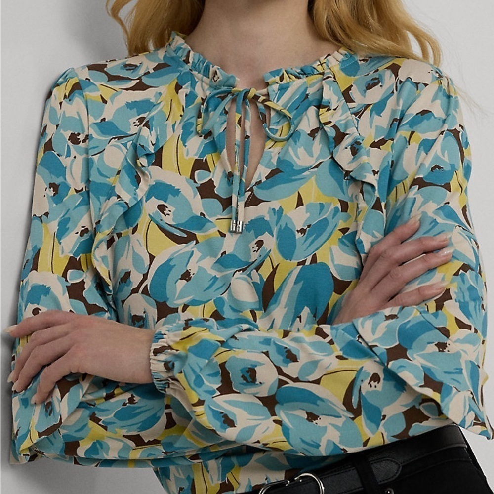 NWT Lauren Ralph Lauren Floral Ruffle-Trim Jersey Tie-Neck Top Size SP